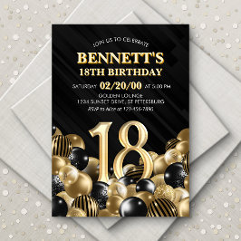Invitación Globos Oro Negro 18 cumpleaños