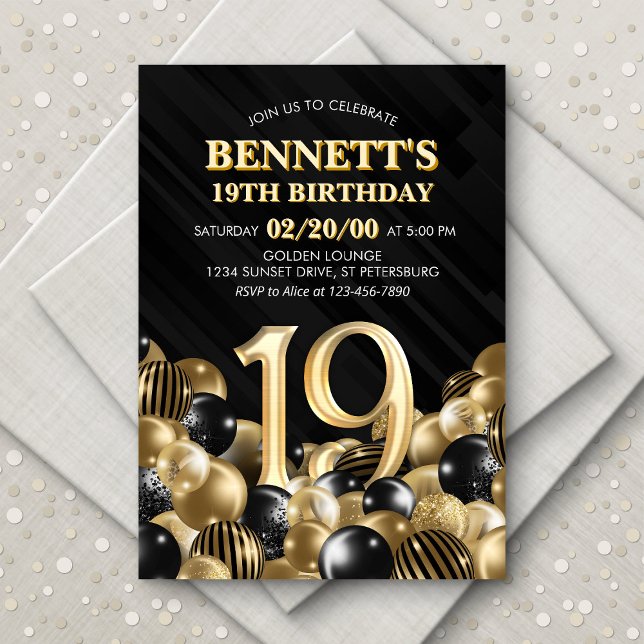 Invitación Globos Oro Negro 19 cumpleaños (Subido por el creador)