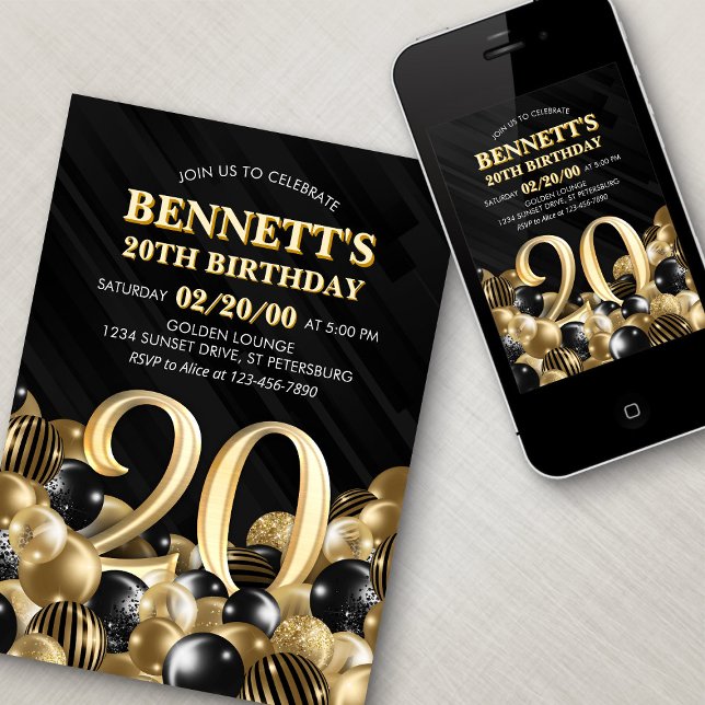 Invitación Globos Oro Negro 20 cumpleaños (Subido por el creador)