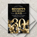 Invitación Globos Oro Negro 30 cumpleaños<br><div class="desc">Bunches y racimos de globos, ¡este diseño no se detiene! Con números audaces y tipografía elegante en un espacio que está literalmente rebosante de globos, este diseño es un arranque instantáneo de fiesta. La combinación de colores dorados y negros y la tipografía retro le dan un tono elegante y clásico...</div>
