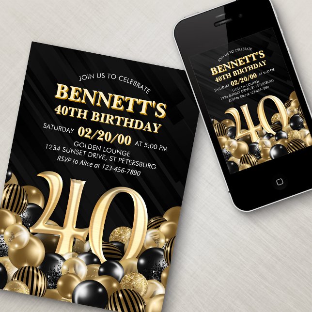 Invitación Globos Oro Negro 40 cumpleaños (Subido por el creador)