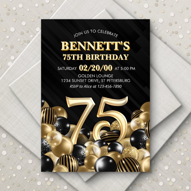 Invitación Globos Oro Negro 75º cumpleaños (Subido por el creador)