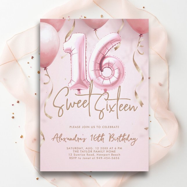 Invitación Globos Oro rosa Caligrafía moderna dulce 16 (sweet sixteen invitation 16th birthday party pink gold balloons calligraphy milestone glam feminine)