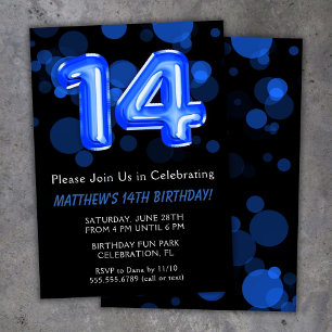 Invitación Globos para cumpleaños 14 niños azul niño fiesta