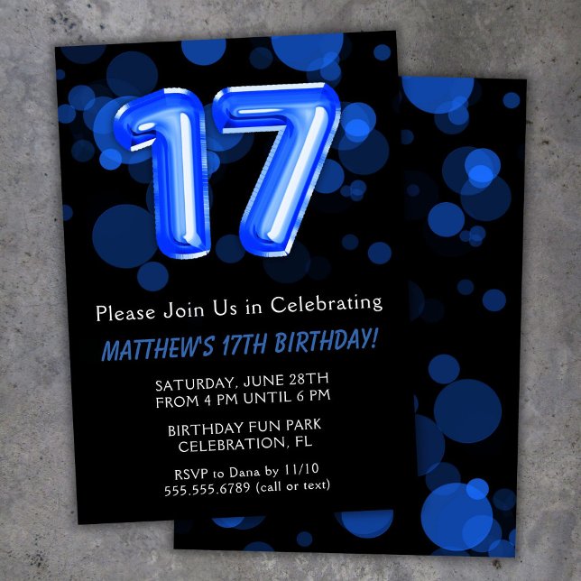 Invitación Globos para cumpleaños 17 niños azul niño fiesta (Subido por el creador)