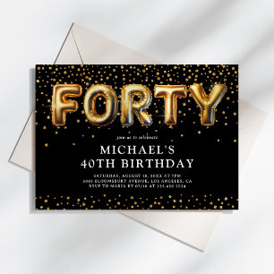 Invitación Globos para Cumpleaños 40 de Color Negro y Dorado