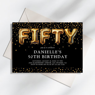 Invitación Globos para Cumpleaños 50 de color negro y dorado