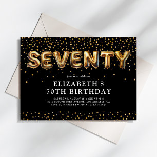 Invitación Globos para Cumpleaños 70 Negro y Dorado