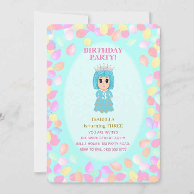 Invitación Globos para cumpleaños de niña de 3 años (Anverso)