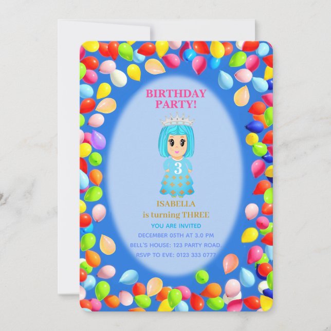 Invitación Globos para cumpleaños de niña de 3 años (Anverso)
