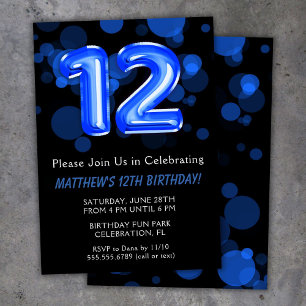 Invitación Globos para cumpleaños número 12 niños azul niño f
