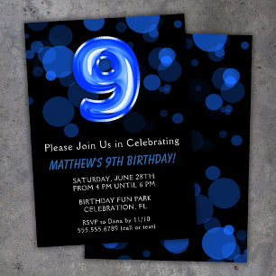 Invitación Globos para cumpleaños número 9 niños azul niño fi