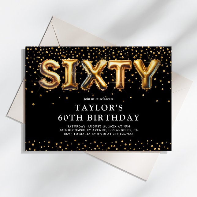 Invitación Globos para fiesta de cumpleaños 60 negro y dorado (Subido por el creador)