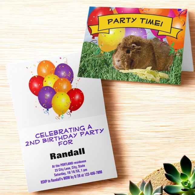 Invitación Globos para fiesta de cumpleaños de niños de Cuyes (Folded greeting card invitation template cover and inside)