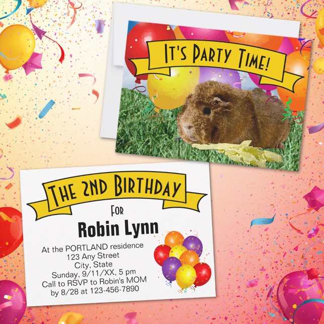 Invitación Globos para la fiesta de cumpleaños número 2 de ni (Guinea pig birthday party invitation template.)