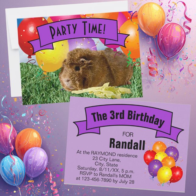 Invitación Globos para la fiesta de cumpleaños número 3 de ni (Guinea pig & balloon party invitation template predominantly purples for kid's special occasion.)