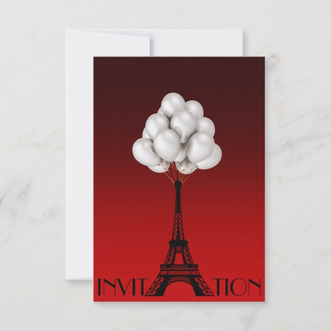 Invitación Globos París Torre Eiffel Moda Glam Rojo (Anverso)