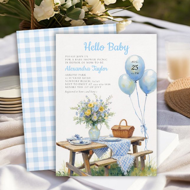 Invitación Globos Parque de Picnic Flores Azules Shower para  (picnic baby shower invitation card boy summer floral balloons wildflowers backyard outdoors template)