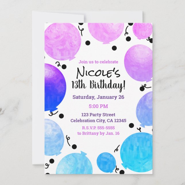 Invitación Globos Pastel Rosa Morado Cumpleaños Fiesta (Anverso)