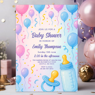 Invitación Globos pastel y ducha de bebé con biberón