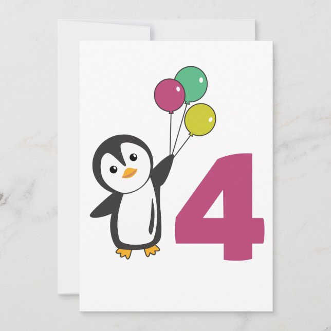 Invitación Globos Penguin Cuarto Cumpleaños Para Niños Invita (Anverso)