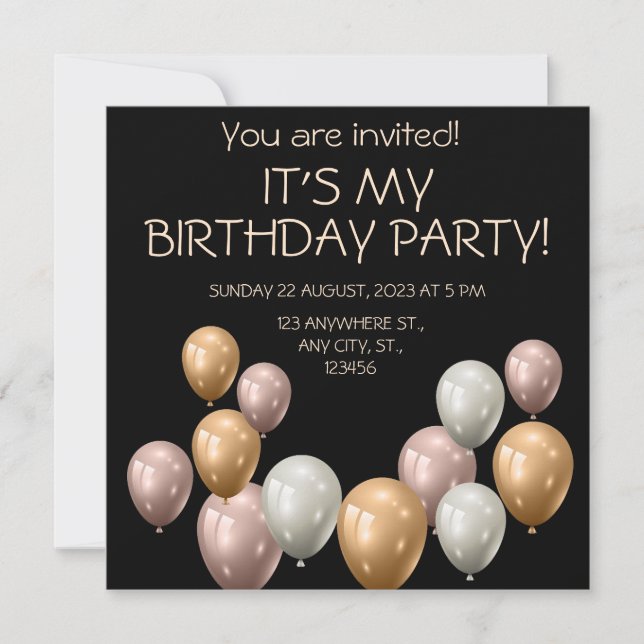 Invitación Globos Perlas. Elegante cumpleaños (Anverso)