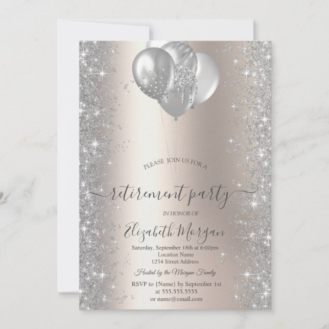 Invitación Globos Plata Esparkle Diamantes Jubilación de Marf (Anverso)