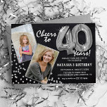 Invitación Globos plateados Chalkboard 2 Foto 40 cumpleaños<br><div class="desc">¡Celebrando el GRAN 40! Estas invitaciones te permiten subir una fotografía antes y después del hombre o mujer de cumpleaños en un marco plateado, con el título '¡Saludos a 40 años!'. Con un fondo rústico de pizarra, globos de helio plateado, flecks purpurinas de plata falsos y una plantilla simple para...</div>