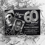 Invitación Globos plateados Chalkboard 2 Foto 60 cumpleaños<br><div class="desc">Celebra el hito de entrar a los magníficos años 60 con estas 'Invitaciones de cumpleaños 60 de los globos plateados Chalkboard'. Enriquecedor con un marco rústico en el pizarrón y brillantes toques de purpurina de plata, este restaurante invita a descubrir el encanto vintage y la elegancia moderna. Sube una foto...</div>