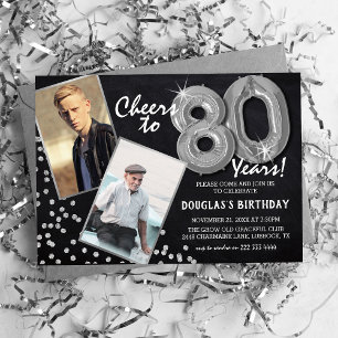 Invitación Globos plateados Chalkboard 2 Foto 80 cumpleaños