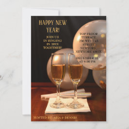 Invitación Globos plateados Champán Flutes de Año Nuevo