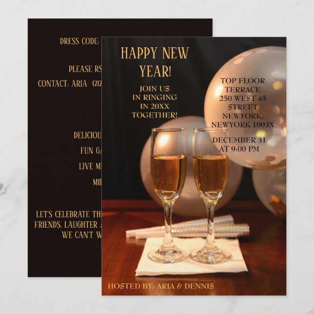 Invitación Globos plateados Champán Flutes de Año Nuevo (Anverso / Reverso)