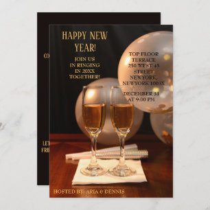 Invitación Globos plateados Champán Flutes de Año Nuevo