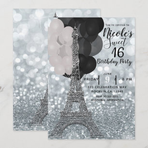 Invitación Globos plateados con purpurina Torre Eiffel Chic C