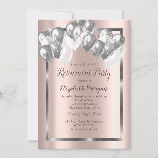 Invitación Globos plateados elegantes, marco, dorado rosa, ju (Anverso)