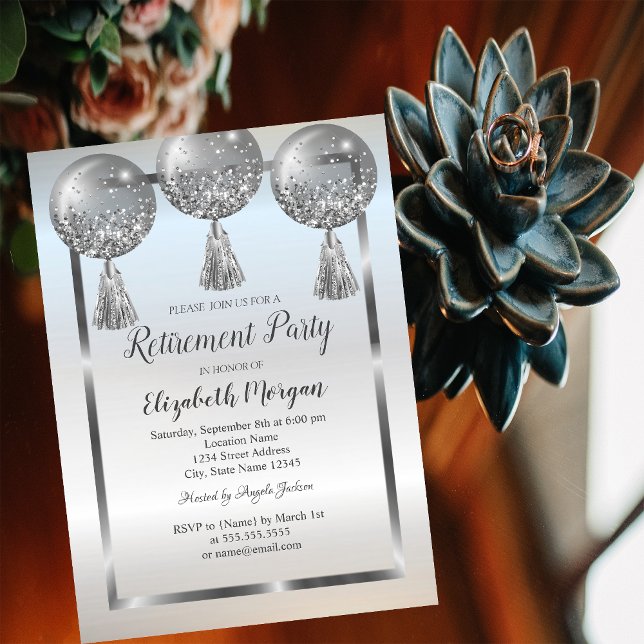 Invitación Globos plateados elegantes,Marco,Jubilación   (Subido por el creador)