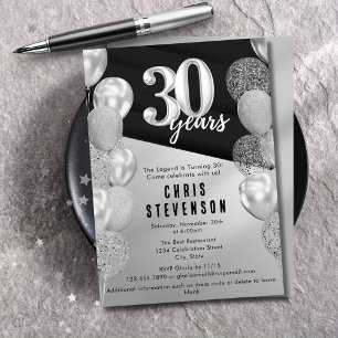 Invitación Globos plateados masculinos para 30 cumpleaños