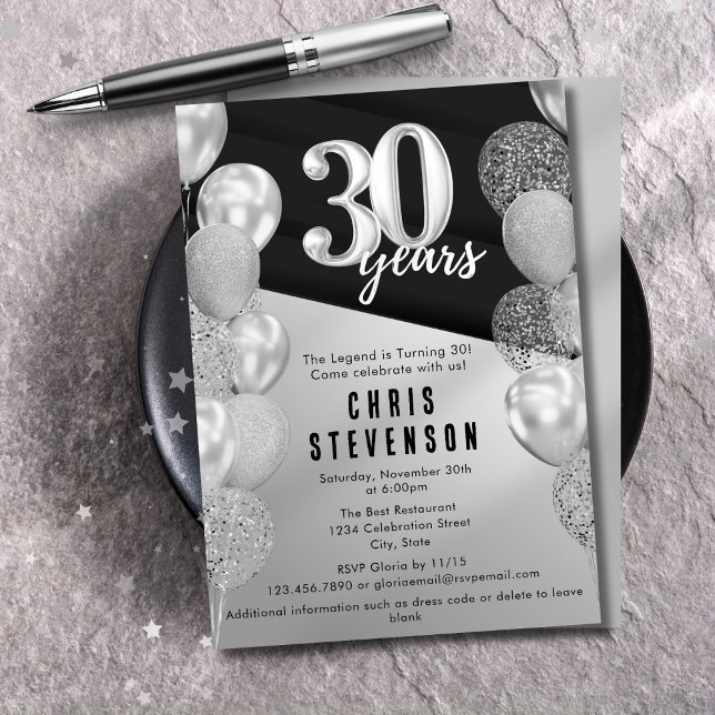Invitación Globos plateados masculinos para 30 cumpleaños (Subido por el creador)