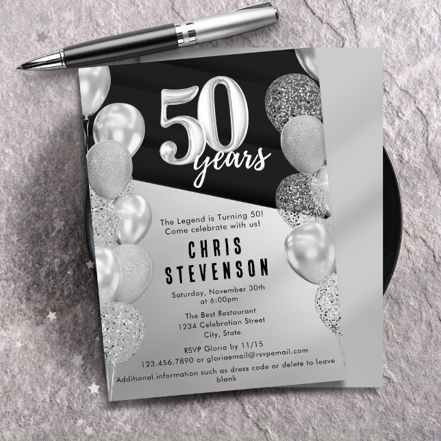 Invitación Globos plateados masculinos para 50 cumpleaños (Subido por el creador)