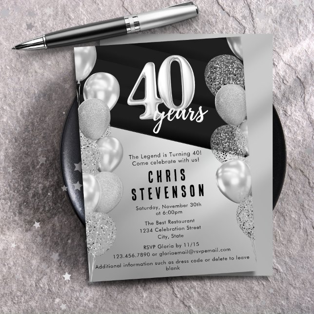 Invitación Globos Plateados Masculinos para Cumpleaños 40 (Subido por el creador)