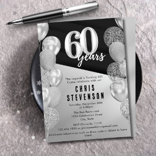 Invitación Globos Plateados Masculinos para Cumpleaños 60