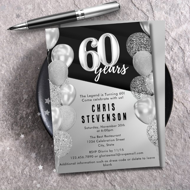 Invitación Globos Plateados Masculinos para Cumpleaños 60 (Subido por el creador)
