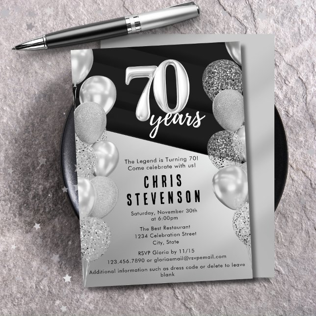 Invitación Globos Plateados Masculinos para Cumpleaños 70 (Subido por el creador)