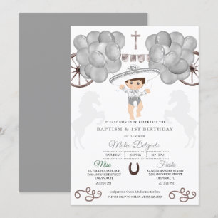 Invitación Globos plateados Niño Mexicano Bautismo Charro