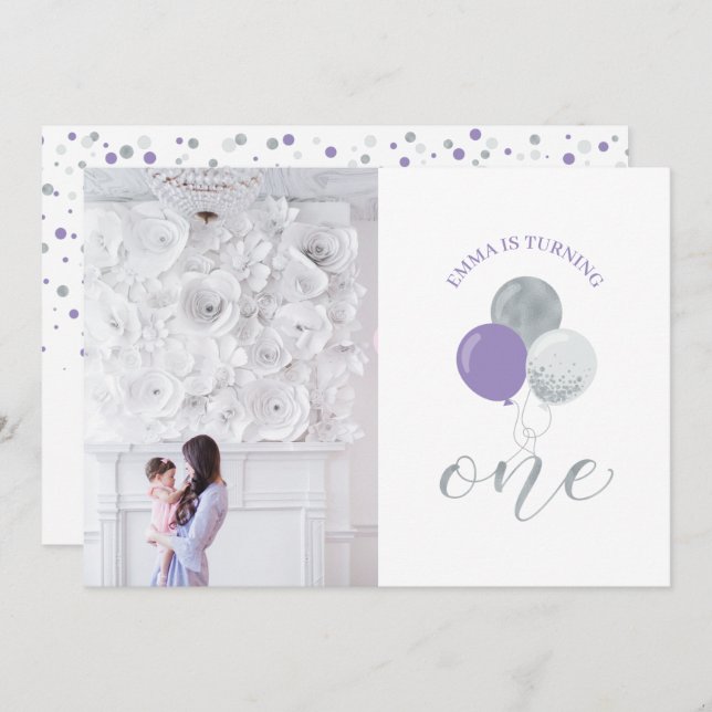 Invitación Globos plateados y morados | Chica Primer Fiesta d (Anverso / Reverso)