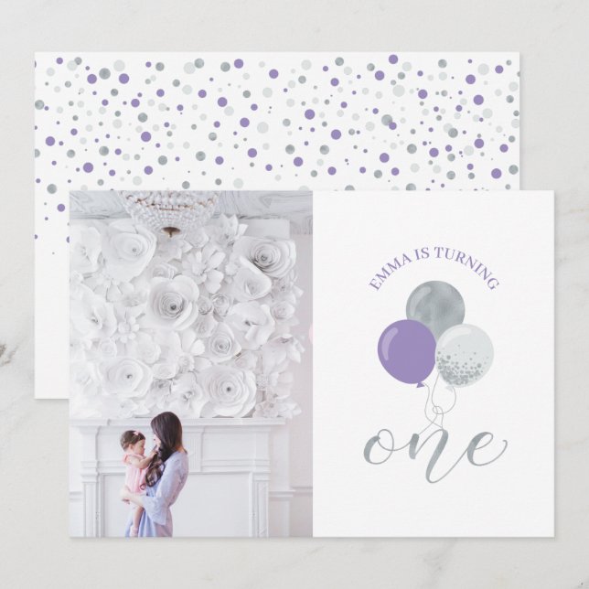 Invitación Globos Plateados y Morados | Cumpleaños de una niñ (Anverso / Reverso)