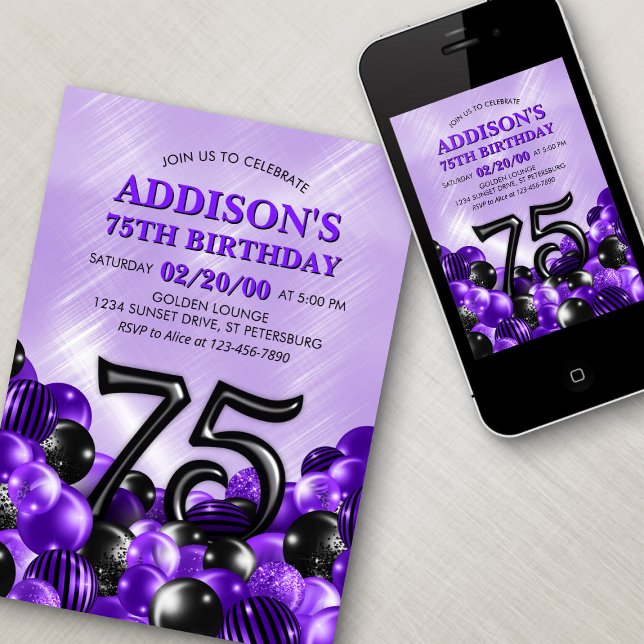 Invitación Globos Purple 75º cumpleaños (Subido por el creador)