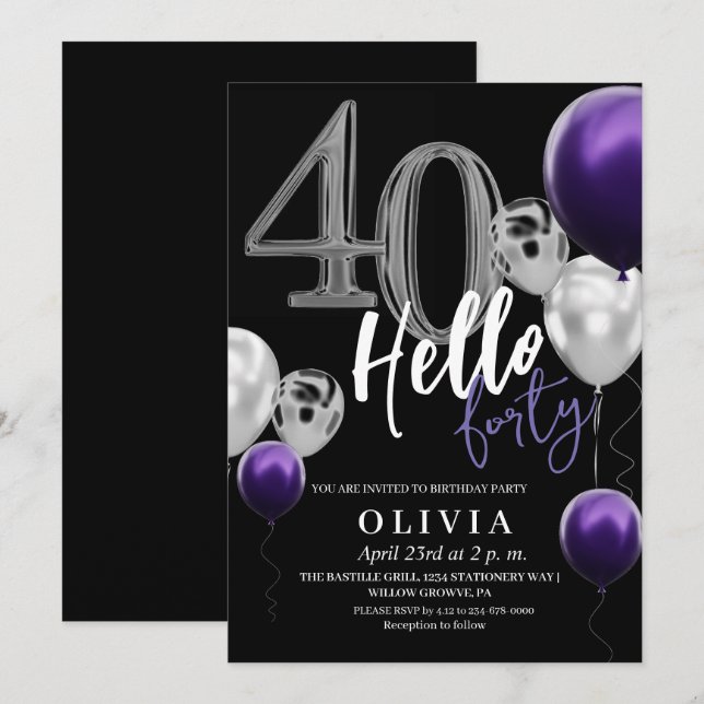 Invitación Globos púrpura de plata negra 40 cumpleaños modern (Anverso / Reverso)