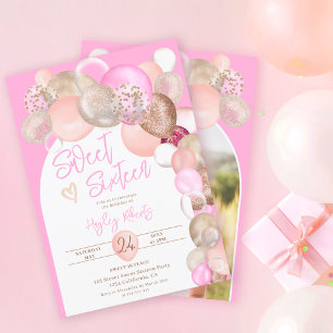 Invitación Globos purpurinas de Arch Boho morado rosa Dulce 1