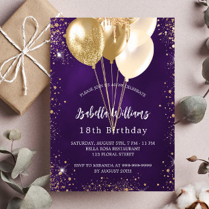 Invitación Globos purpurinas de oro morado de cumpleaños